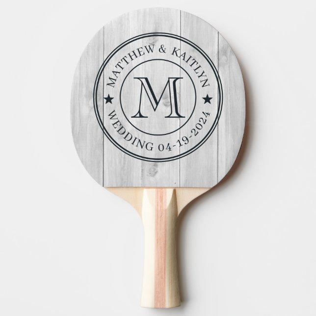 Clean Light Gray Wooden Wedding Monogram Star Ping Pong Paddle (Front)