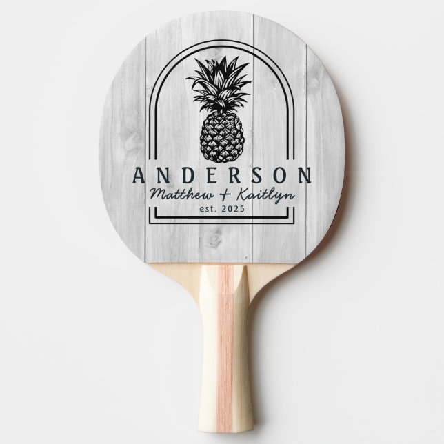 Clean Light Grey Wood Pineapple Wedding Arch &Name Ping Pong Paddle (Front)