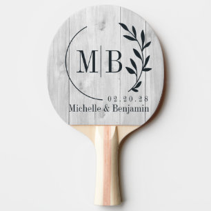Clean Light Grey Wooden Leaf Wedding Monogram Ping Pong Paddle