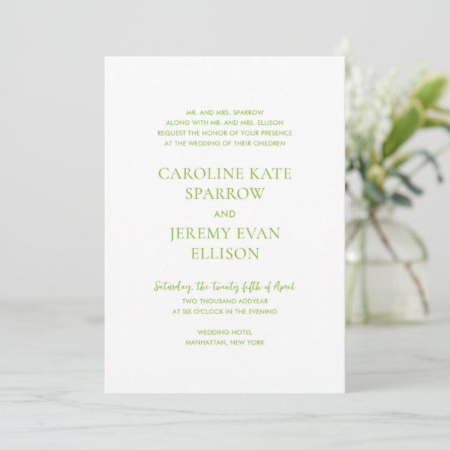 Clean Lime Green Elegant Wedding Invitation (Standing Front)