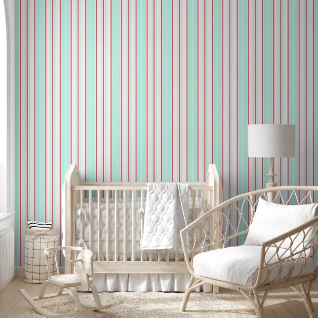 Clean Lines Classy Mint and Pink Stripe Wallpaper (Kids)