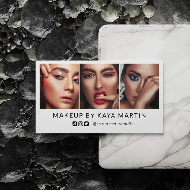 Clean Makeup Artist Photo Collage Social Media Business Card (Creator Uploaded)