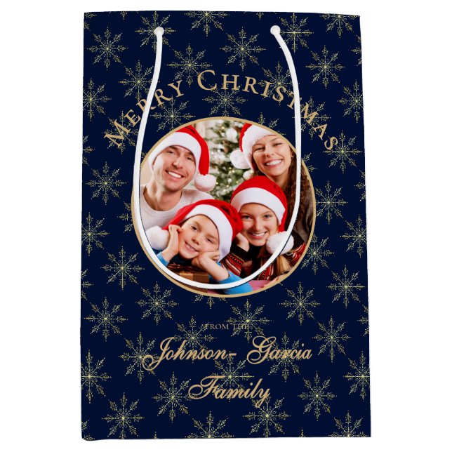 Clean Midnight Blue Gold Snowflakes Christmas Medium Gift Bag (Front)