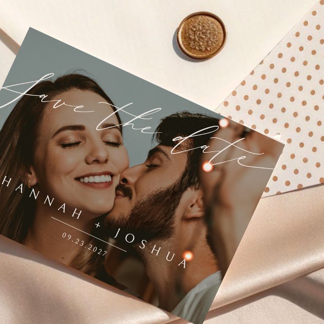 Clean Minimalist Script Horizontal Wedding Photo  Save The Date (Creator Uploaded)