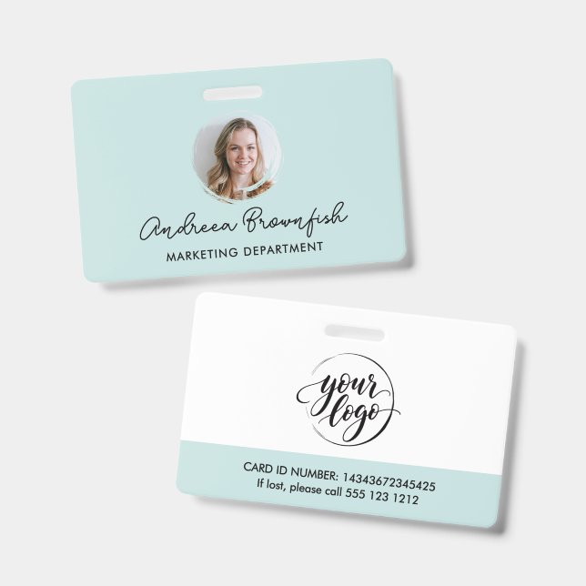 Clean Mint Green Photo Logo Professional Access ID Badge (Front & Back)