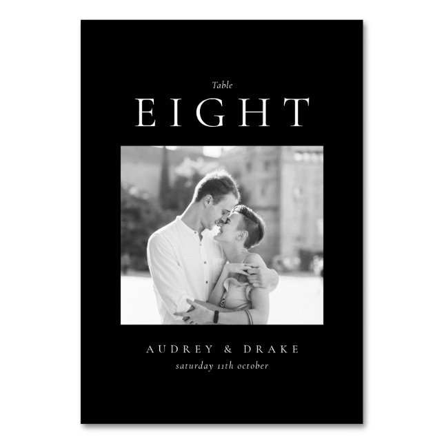 Clean Modern Black Wedding Photo Table Number (Front)