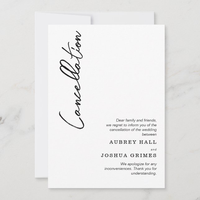 Clean Modern Black White Wedding Cancellation Invitation (Front)