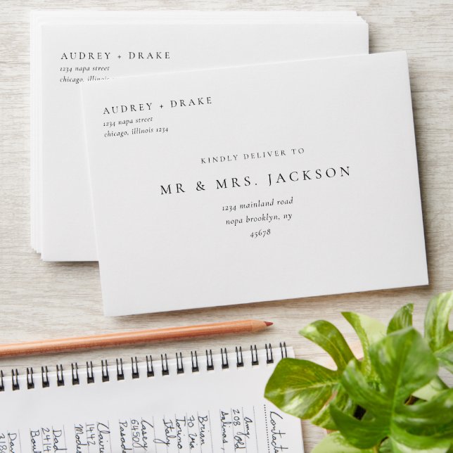 Clean Modern Black White Wedding Envelope (Stacked)
