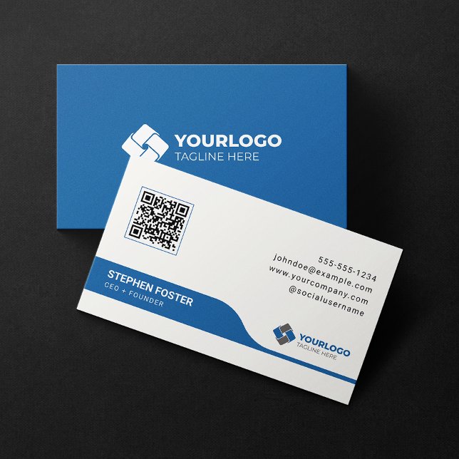 Clean & Modern Corporate Blue QR Code Custom Logo Business Card (Creator Uploaded)