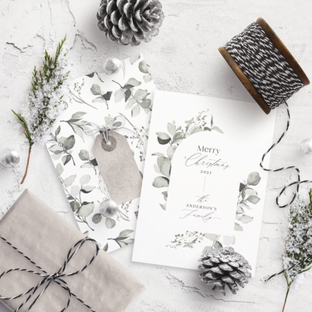 Clean modern elegant botanical green gray holiday card (Creator Uploaded)