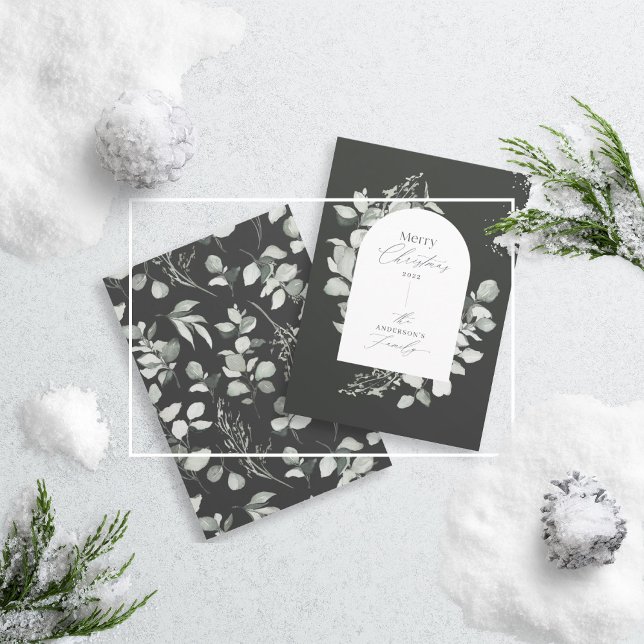 Clean modern elegant botanical green grey black holiday card (Creator Uploaded)
