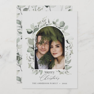 Clean modern elegant botanical green grey photo ho holiday card