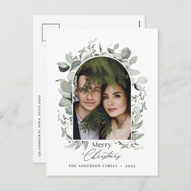 Clean modern elegant botanical green grey photo ho holiday postcard (Front/Back)