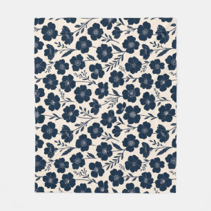Clean monochrome wildflowers in navy on cream fleece blanket