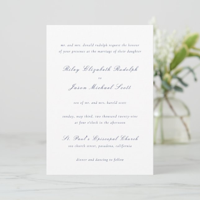 Clean Navy Blue Elegant Wedding Invitation (Standing Front)