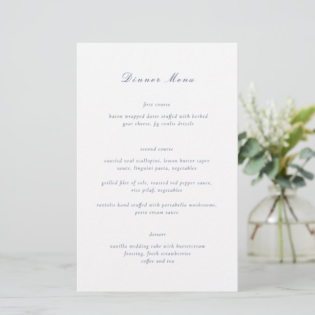 Clean Navy Blue Elegant Wedding Menu (Standing Front)