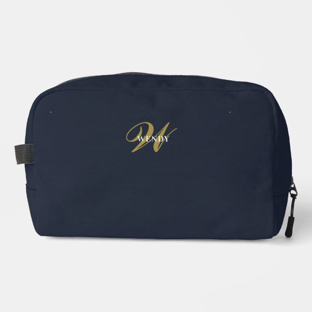Clean Navy Blue Gold Monogram Accessories Dopp Kit (Front)