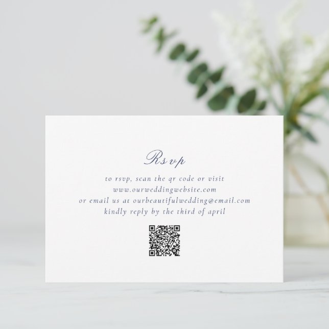 Clean Navy Blue QR Code Elegant Wedding RSVP Card (Standing Front)