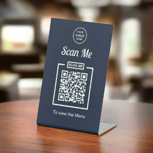 Clean Navy Blue Scan QR Code Business Logo  Pedestal Sign