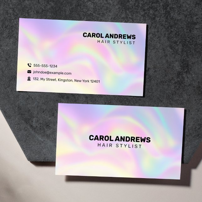 Clean Pastel Holographic Hair Stylist Business Card (Creator Uploaded)