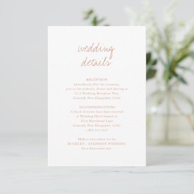 Clean Peach Botanical Elegant Wedding Enclosure Card (Standing Front)