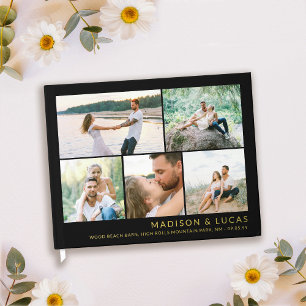 Clean Photo Collage & Gold Letters Black Wedding Guest Book