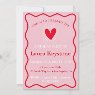 Clean Pink & Red Wavy Birthday Invitation