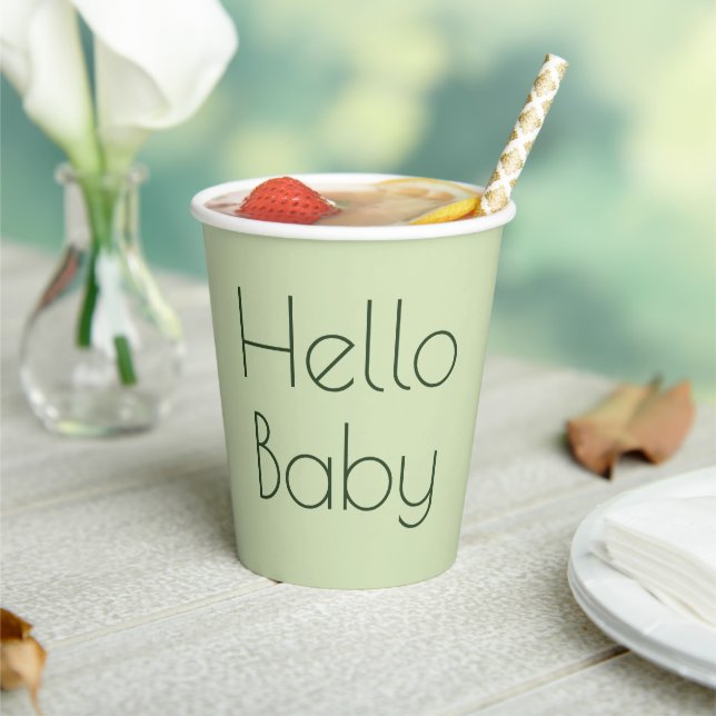 Clean Sage Green Gender Neutral Baby Shower Paper Cups (Insitu)