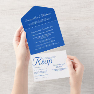Clean simple Cobalt Blue white wedding All In One Invitation