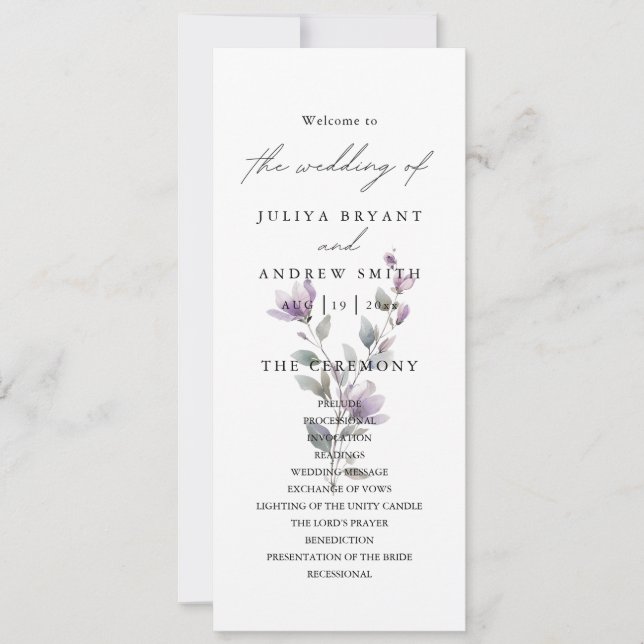 Clean stylish floral wedding programme card (Front)