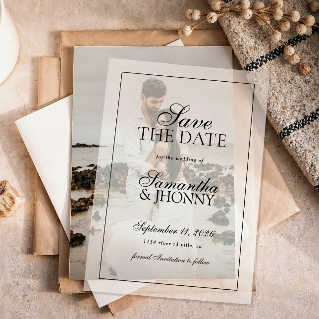 Clean Stylish Script Border Photo Wedding Vellum Invitations (Creator Uploaded)