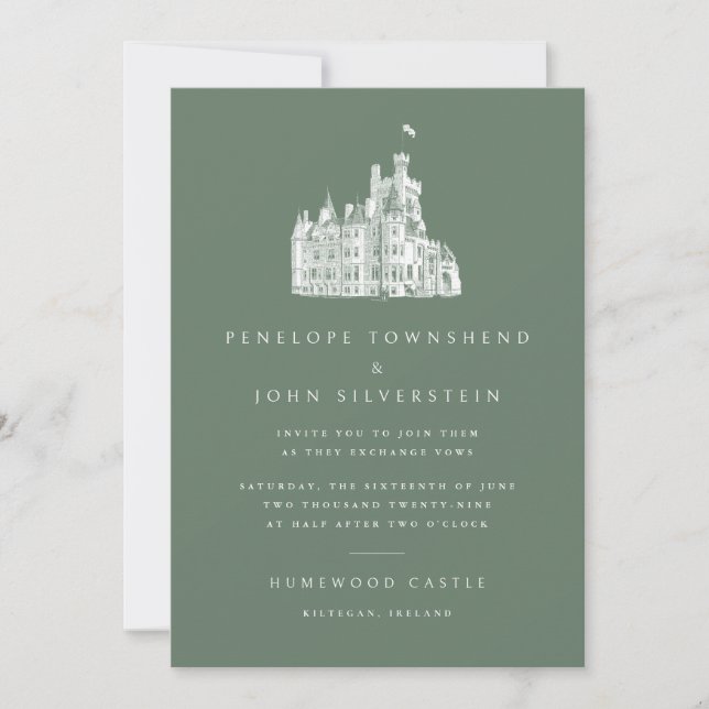 Clean Typography Castle Illustration Green Wedding Invitation (Front)