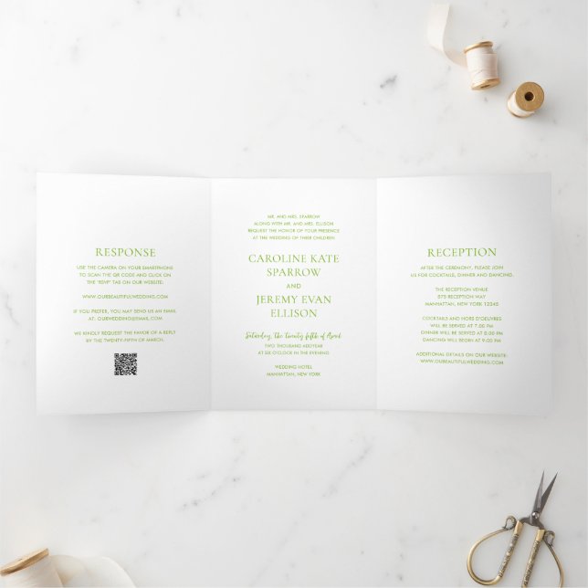 Clean Vibrant Green QR Code Elegant Wedding Tri-Fold Invitation (Inside)