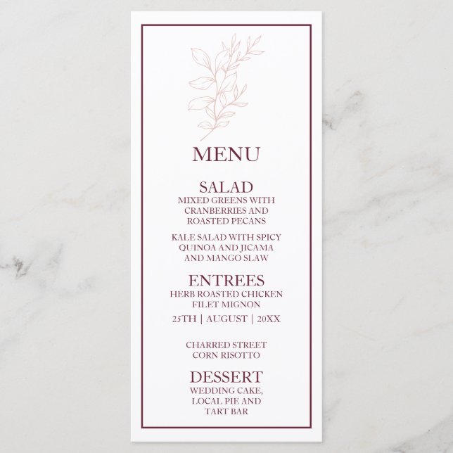 Clean White and Pink Simple Leaf | Modern Wedding  Menu (Front)