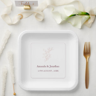 Clean White and Pink Simple Leaf   Modern Wedding  Paper Plate