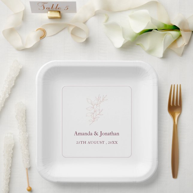 Clean White and Pink Simple Leaf | Modern Wedding  Paper Plate (Wedding)