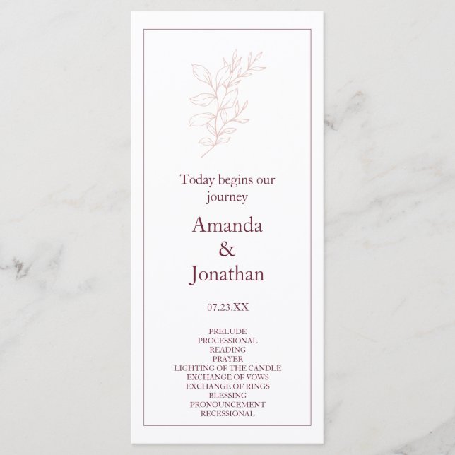 Clean White and Pink Simple Leaf | Modern Wedding Programme (Front)