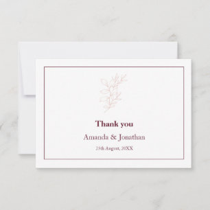 Clean White and Pink Simple Leaf   Modern Wedding Thank You Card