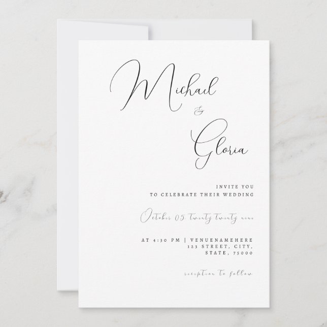 Clean White Calligraphy QR Code All in One Wedding Invitation (Front)