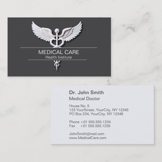 Clean White Detailed Caduceus Anthracite Medical Business Card (Front/Back)
