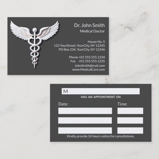 Clean White Detailed Caduceus Warm Grey Medical Appointment Card (Front/Back)