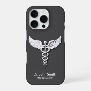 Clean White Detailed Caduceus Warm Grey Medical iPhone 16 Pro Case