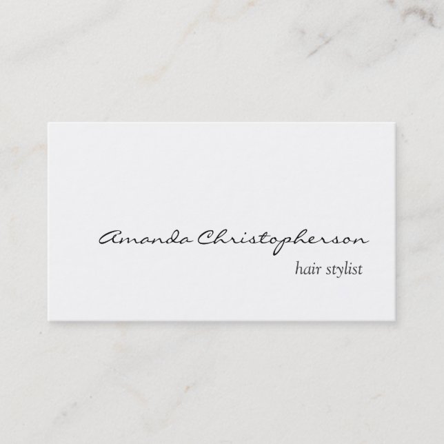 Clean White Hair Stylist Script Business Card (Front)