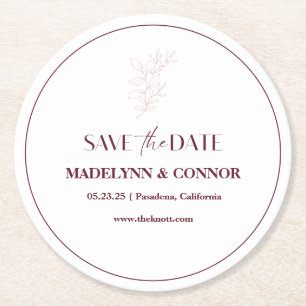 Clean White Pink Simple Leaf Wedding Save the Date Round Paper Coaster