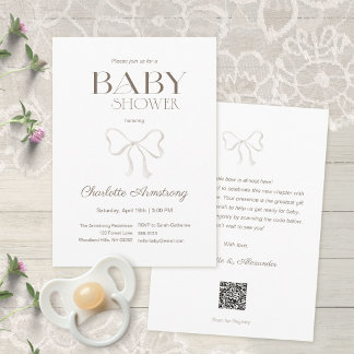 Clean White Watercolor Bow Baby Shower Invitation