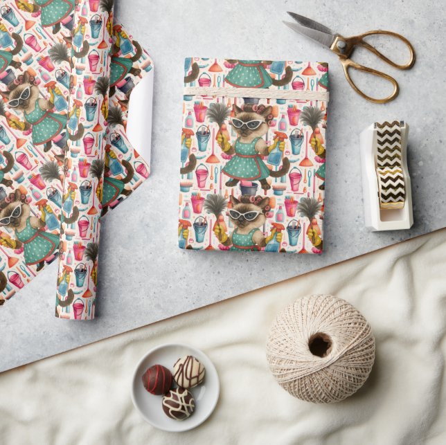 Cleaner House Wife Cat is cleaning the house Wrapping Paper (Crafts)