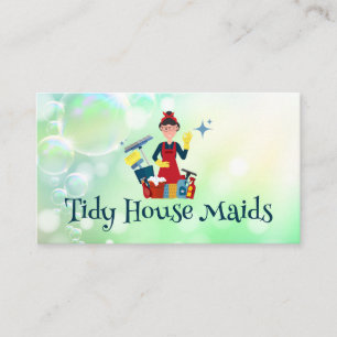 Cleaner Lady with Cleaning Supplies   Soap Bubbles Business Card