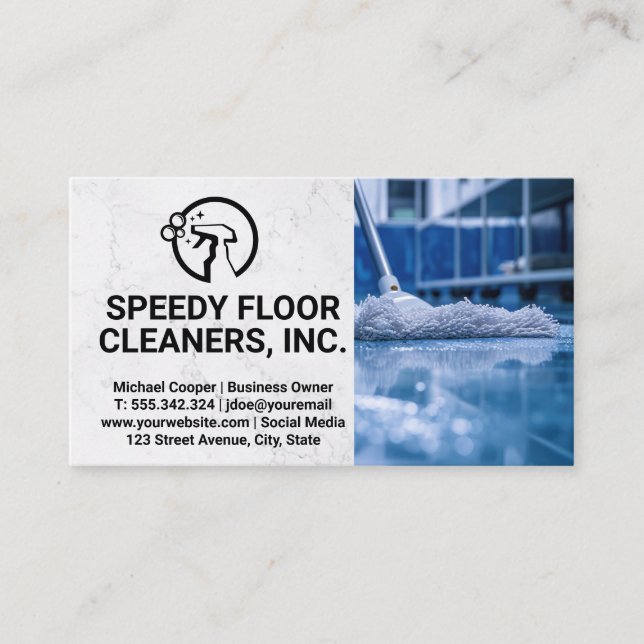 Cleaner Service | Man Mopping Floors Business Card (Front)