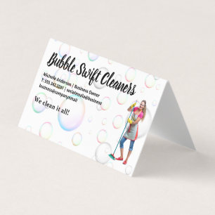 Cleaner with Broom Smiling Bubbles Business Card