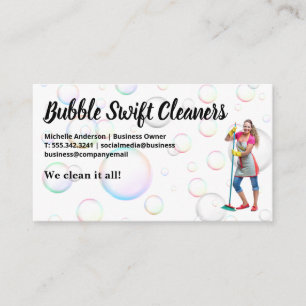 Cleaner with Broom Smiling Bubbles Business Card